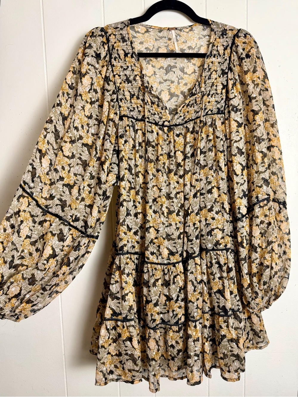 Free People Oversized Sheer Metallic Floral Balloon Sleeve Dress size Medium
